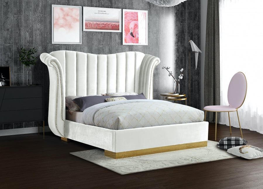 Meridian Furniture - Flora Velvet King Bed in White - FloraWhite-K