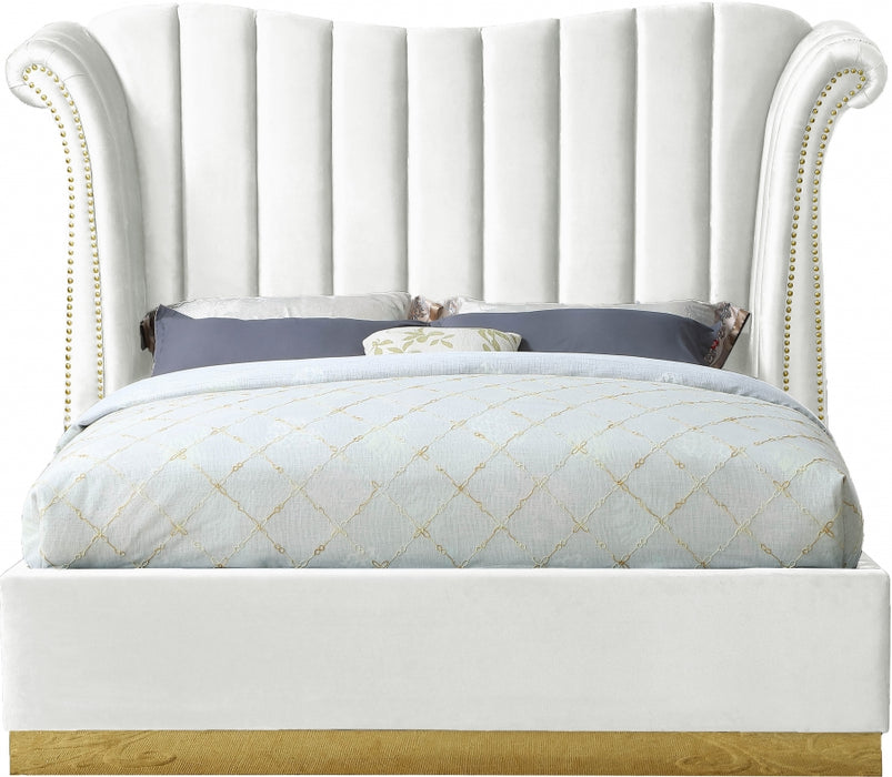 Meridian Furniture - Flora Velvet King Bed in White - FloraWhite-K
