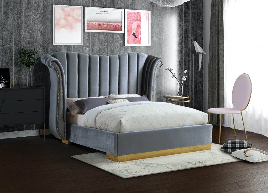 Meridian Furniture - Flora Velvet King Bed in Grey - FloraGrey-K - GreatFurnitureDeal