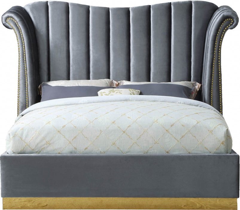 Meridian Furniture - Flora Velvet Queen Bed in Grey - FloraGrey-Q - GreatFurnitureDeal