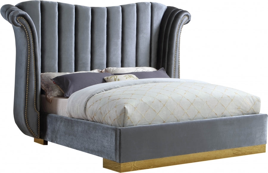 Meridian Furniture - Flora Velvet King Bed in Grey - FloraGrey-K - GreatFurnitureDeal