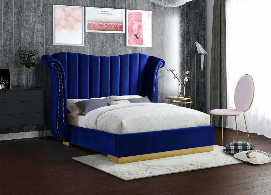 Meridian Furniture - Flora Velvet King Bed in Navy - FloraNavy-K