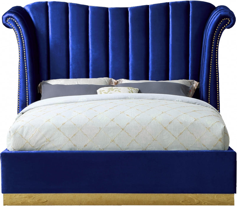 Meridian Furniture - Flora Velvet Queen Bed in Navy - FloraNavy-Q - GreatFurnitureDeal