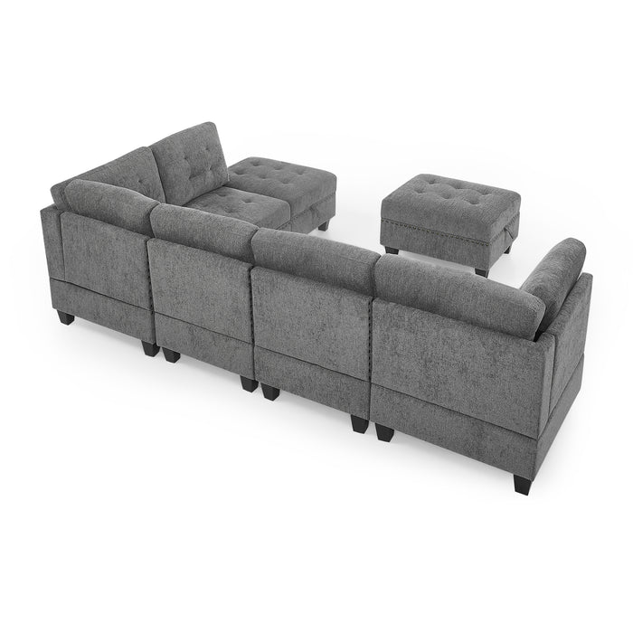 GFD Home - L shape Modular Sectional Sofa，DIY Combination，includes Three Single Chair ，Two Corner and Two Ottoman，Grey Chenille - GreatFurnitureDeal