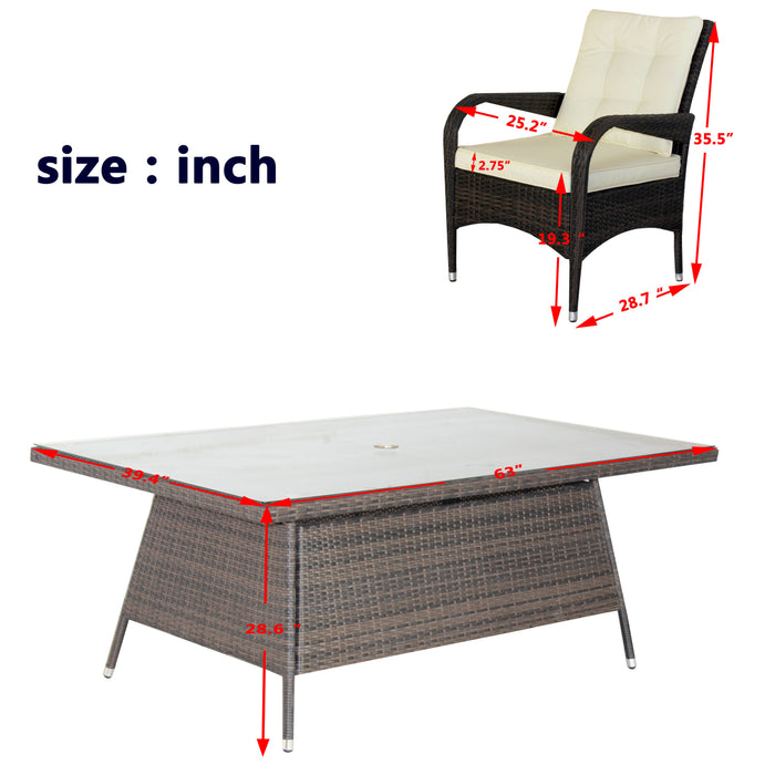 GFD Home - Patio 7-Piece Rectangular Dining Set with 6 Dining Chairs (Brown &Beige Cushion ) - GreatFurnitureDeal