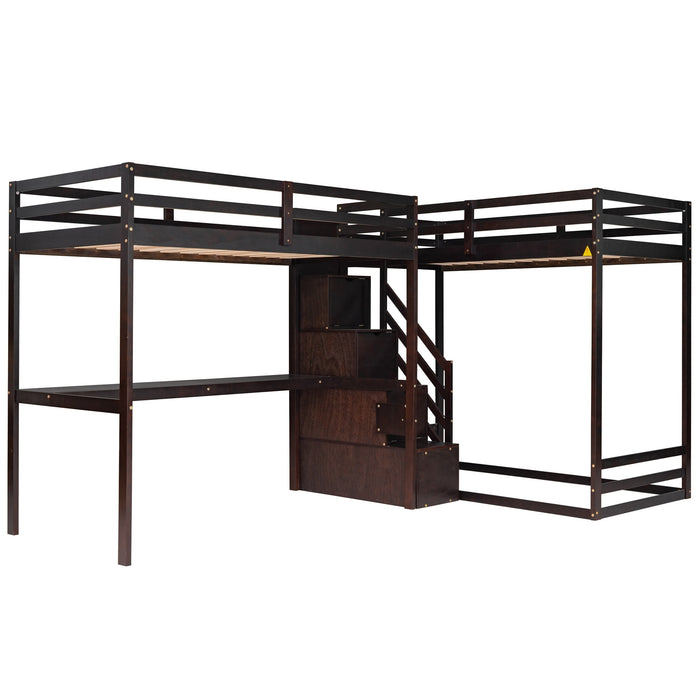 GFD Home - L-Shaped Twin Size Bunk Bed and Loft Bed with Built-in Middle Staircase and Desk,Espresso - GreatFurnitureDeal