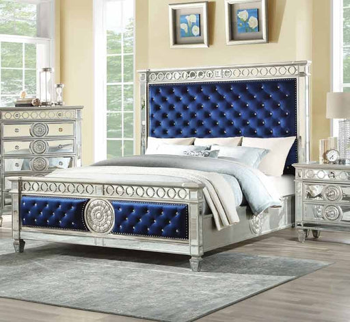 Acme Furniture - Varian Blue Velvet & Mirrored Queen Bed - 26150Q - GreatFurnitureDeal