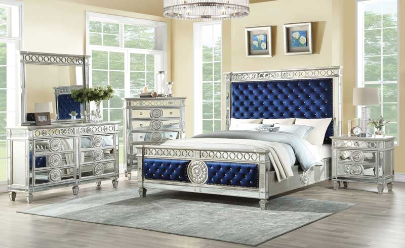 Acme Furniture - Varian Blue Velvet & Mirrored 3 Piece Queen Bedroom Set - 26150Q-3SET