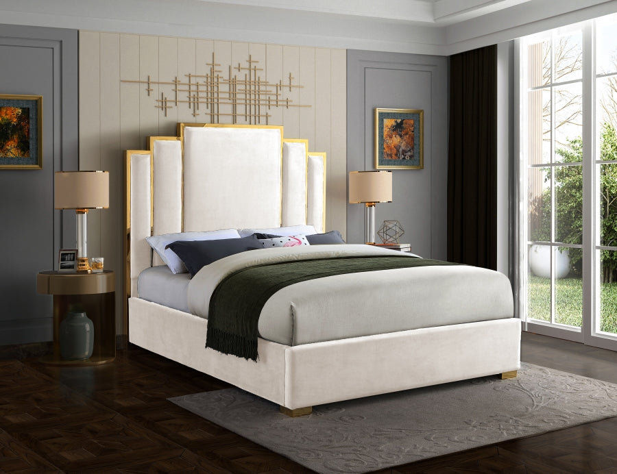 Meridian Furniture - Hugo Velvet Queen Bed in Cream - HugoCream-Q