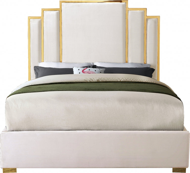 Meridian Furniture - Hugo Velvet Queen Bed in Cream - HugoCream-Q