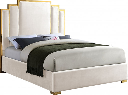 Meridian Furniture - Hugo Velvet Queen Bed in Cream - HugoCream-Q - GreatFurnitureDeal
