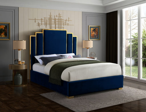 Meridian Furniture - Hugo Velvet Queen Bed in Navy - HugoNavy-Q - GreatFurnitureDeal