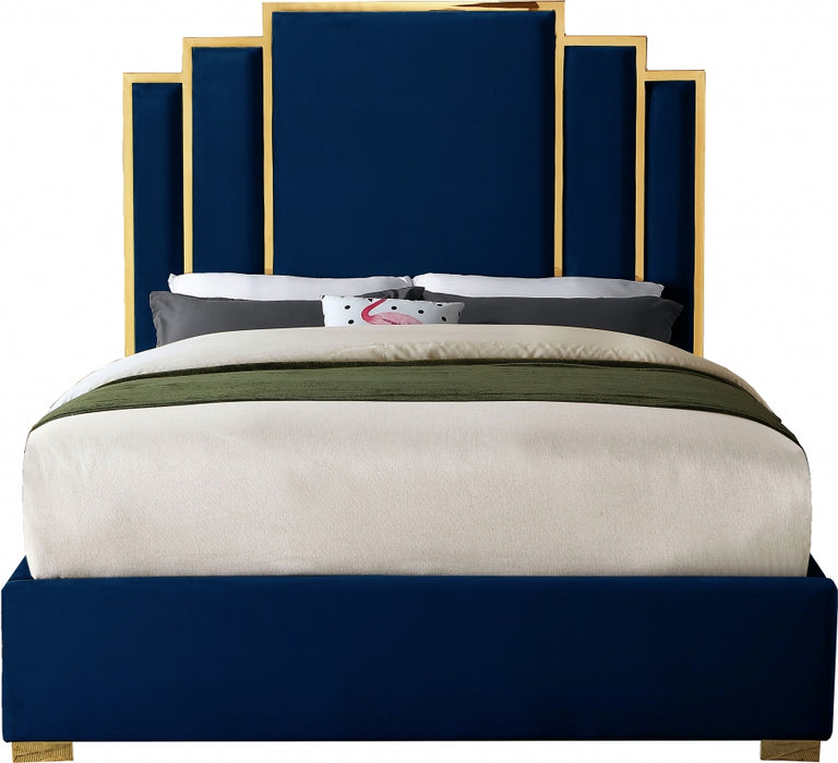 Meridian Furniture - Hugo Velvet King Bed in Navy - HugoNavy-K - GreatFurnitureDeal