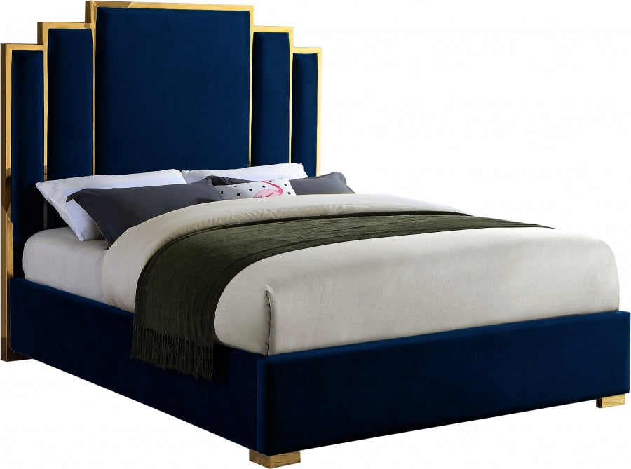 Meridian Furniture - Hugo Velvet Queen Bed in Navy - HugoNavy-Q - GreatFurnitureDeal