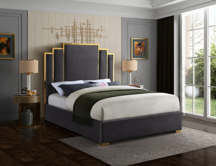 Meridian Furniture - Hugo Velvet Queen Bed in Grey - HugoGrey-Q