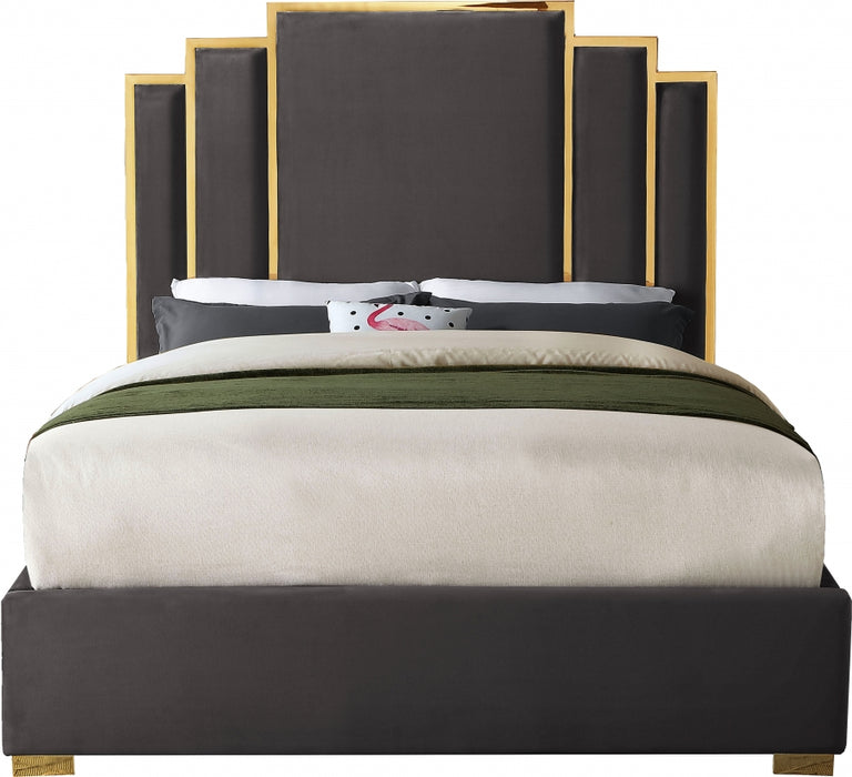Meridian Furniture - Hugo Velvet King Bed in Grey - HugoGrey-K - GreatFurnitureDeal