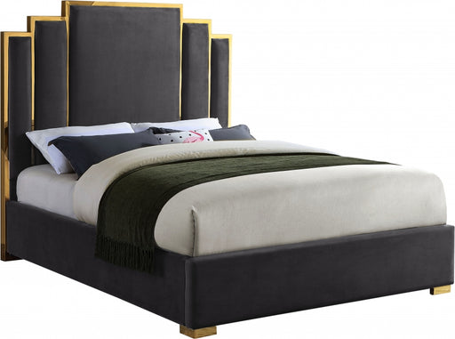 Meridian Furniture - Hugo Velvet Queen Bed in Grey - HugoGrey-Q - GreatFurnitureDeal