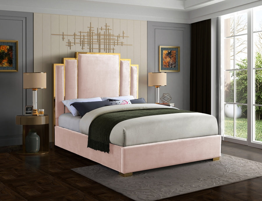 Meridian Furniture - Hugo Velvet Queen Bed in Pink - HugoPink-Q - GreatFurnitureDeal
