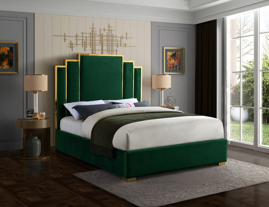 Meridian Furniture - Hugo Velvet Queen Bed in Green - HugoGreen-Q - GreatFurnitureDeal
