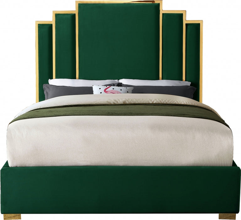 Meridian Furniture - Hugo Velvet Queen Bed in Green - HugoGreen-Q - GreatFurnitureDeal