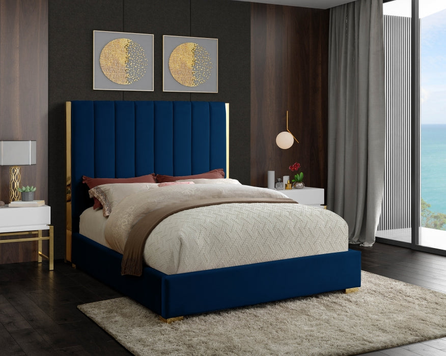 Meridian Furniture - Becca Velvet Queen Bed in Navy - BeccaNavy-Q - GreatFurnitureDeal