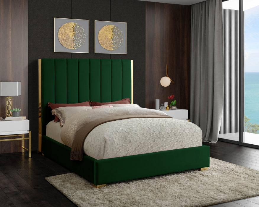 Meridian Furniture - Becca Velvet Queen Bed in Green - BeccaGreen-Q - GreatFurnitureDeal