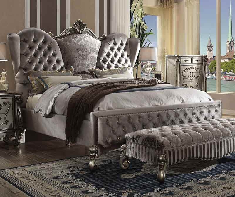 Acme Furniture - Versailles Velvet & Antique Platinum Queen Bed - 26820Q - GreatFurnitureDeal
