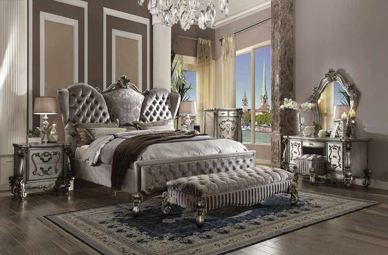 Acme Furniture - Versailles Velvet & Antique Platinum 5 Piece Eastern King Bedroom Set - 26817EK-5SET - GreatFurnitureDeal