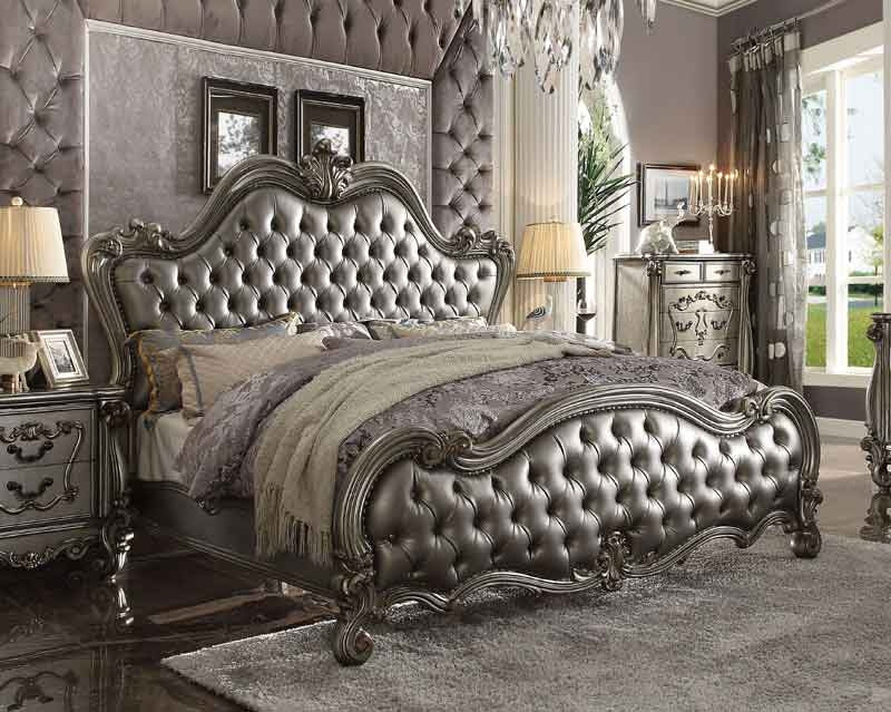 Acme Furniture - Versailles II Silver PU & Antique Platinum Queen Bed - 26840Q - GreatFurnitureDeal