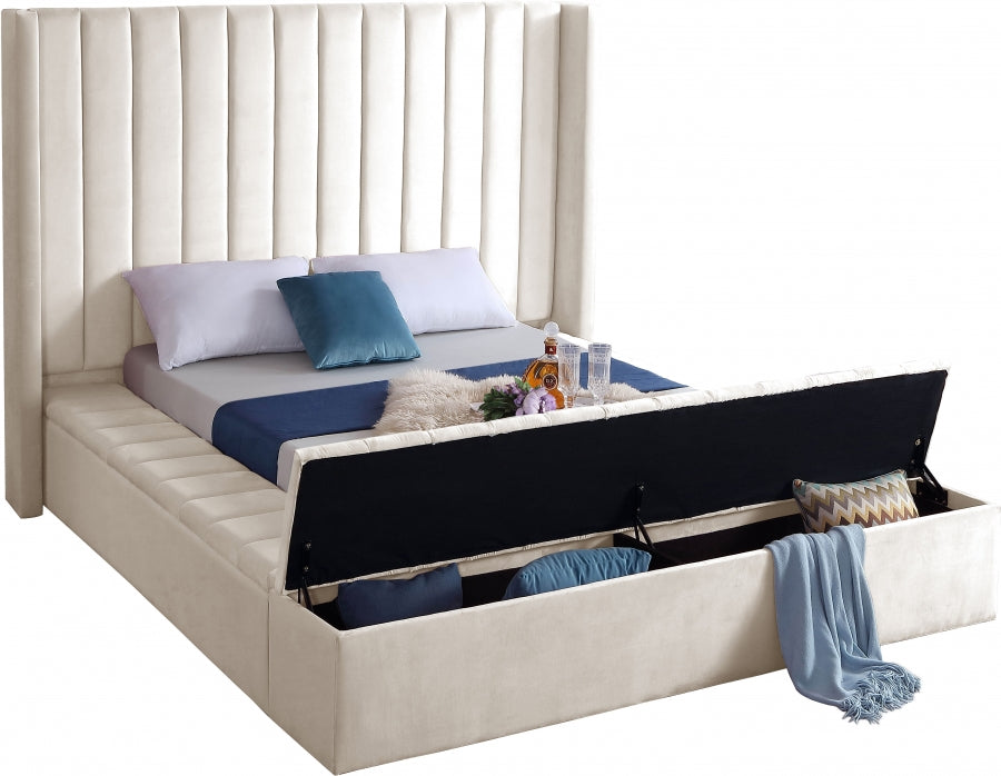 Meridian Furniture - Kiki Velvet Queen Bed in Cream - KikiCream-Q - GreatFurnitureDeal