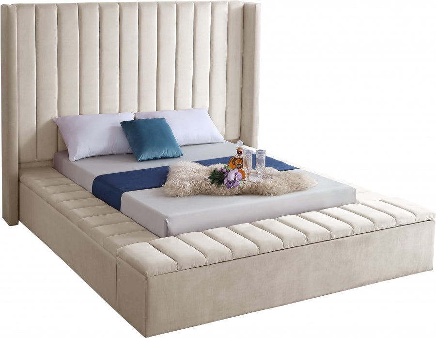 Meridian Furniture - Kiki Velvet King Bed in Cream - KikiCream-K - GreatFurnitureDeal