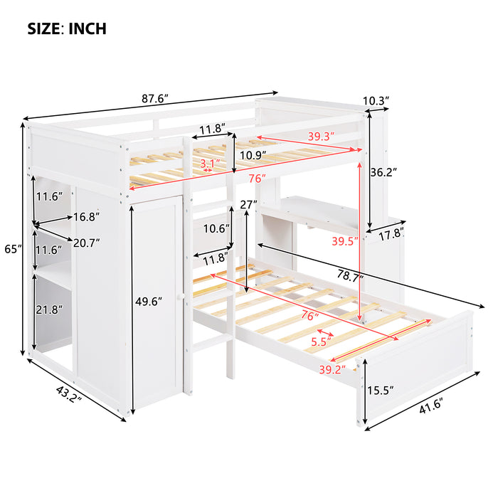 GFD Home - Twin size Loft Bed with a Stand-alone bed, Shelves,Desk,and Wardrobe-White - GreatFurnitureDeal