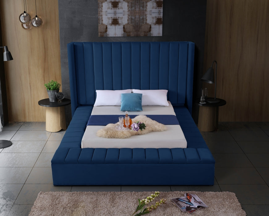 Meridian Furniture - Kiki Velvet Queen Bed in Navy - KikiNavy-Q - GreatFurnitureDeal