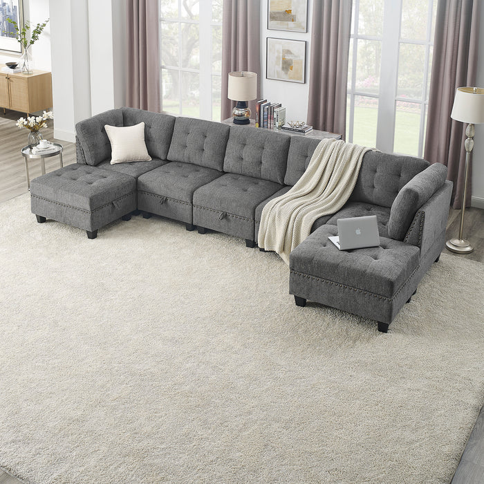 GFD Home - L shape Modular Sectional Sofa，DIY Combination，includes Three Single Chair ，Two Corner and Two Ottoman，Grey Chenille - GreatFurnitureDeal