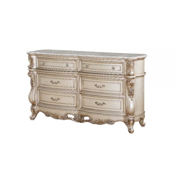 Acme Furniture - Gorsedd Marble & Antique White Dresser with Mirror - 27444-45