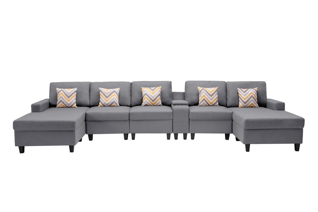 GFD Home - Nolan Gray Linen Fabric 6Pc Double Chaise Sectional Sofa with Interchangeable Legs, a USB, Charging Ports, Cupholders, Storage Console Table and Pillows - GreatFurnitureDeal