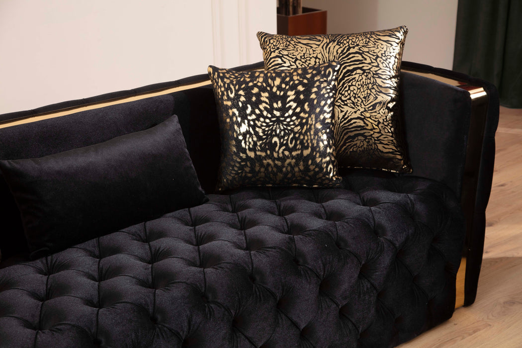 GFD Home - Naomi Button Tufted 2 Pc Sofa Set with Velvet Fabric and Gold Accent in Black - GreatFurnitureDeal