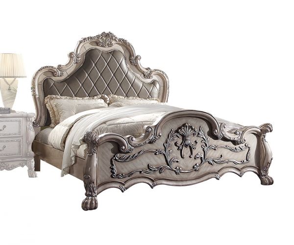 Acme Furniture - Dresden Eastern King Bed, Vintage Bone White & PU - 28167EK