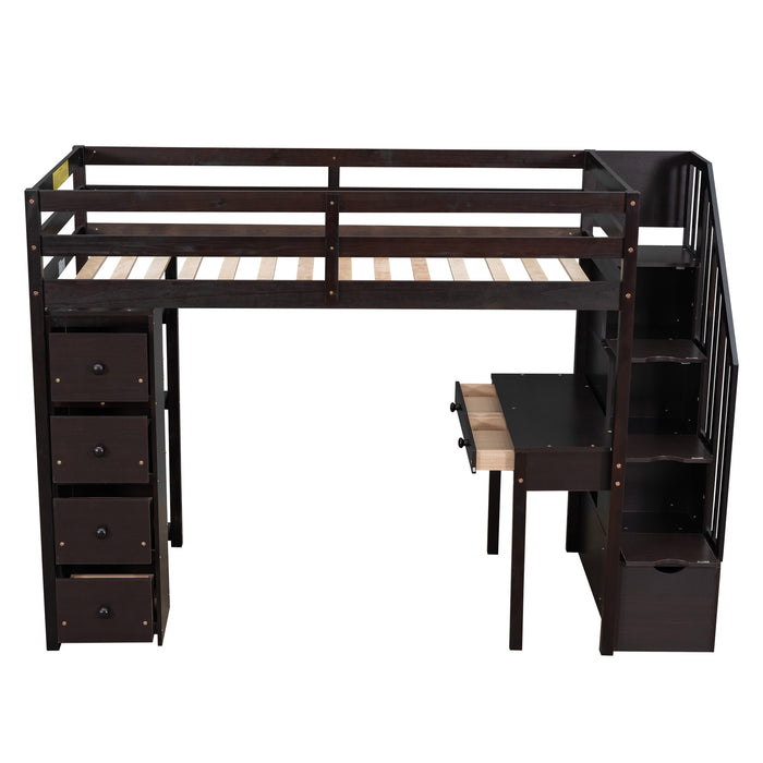 GFD Home - Twin size Loft Bed with Storage Drawers ,Desk and Stairs, Wooden Loft Bed with Shelves - Espresso - GreatFurnitureDeal