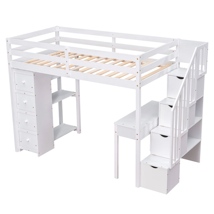 GFD Home - Twin size Loft Bed with Storage Drawers ,Desk and Stairs, Wooden Loft Bed with Shelves - White - GreatFurnitureDeal