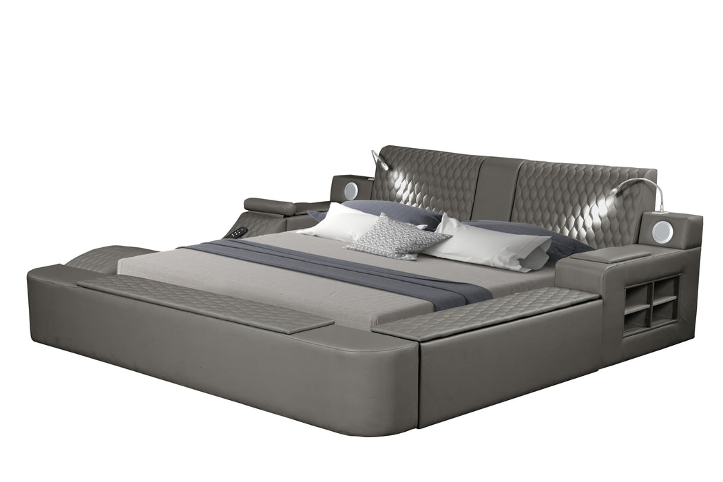 GFD Home - Zoya Smart Multifunctional Queen Size Bed Made with Wood in Gray - GreatFurnitureDeal