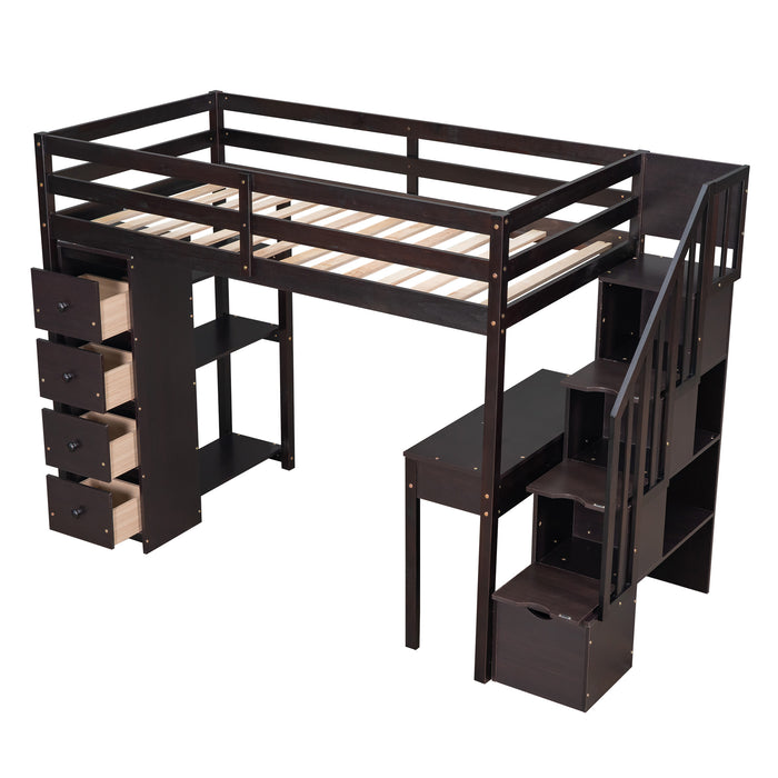 GFD Home - Twin size Loft Bed with Storage Drawers ,Desk and Stairs, Wooden Loft Bed with Shelves - Espresso - GreatFurnitureDeal