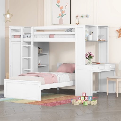 GFD Home - Twin size Loft Bed with a Stand-alone bed, Shelves,Desk,and Wardrobe-White - GreatFurnitureDeal