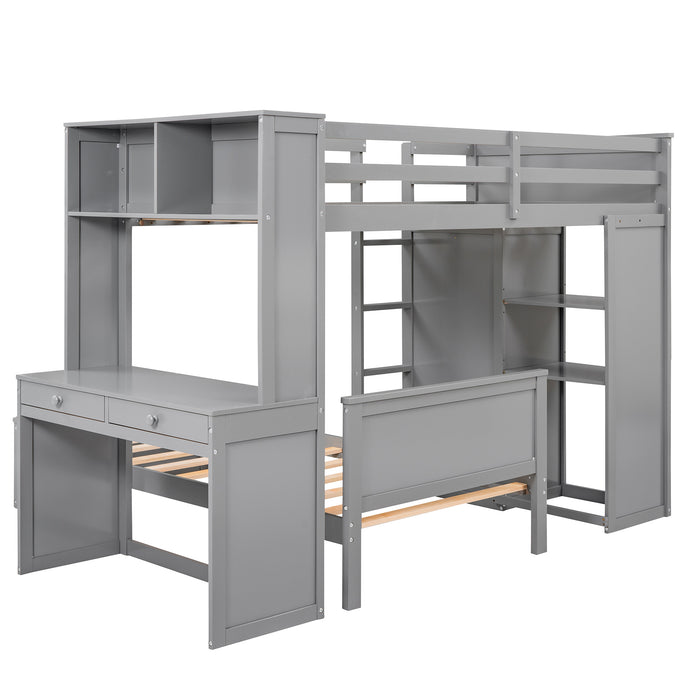 GFD Home - Twin size Loft Bed with a Stand-alone bed, Shelves,Desk,and Wardrobe-Gray - GreatFurnitureDeal