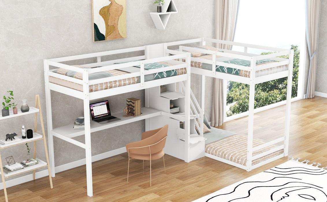 GFD Home - L-Shaped Twin Size Bunk Bed and Loft Bed with Built-in Middle Staircase and Desk, White - GreatFurnitureDeal