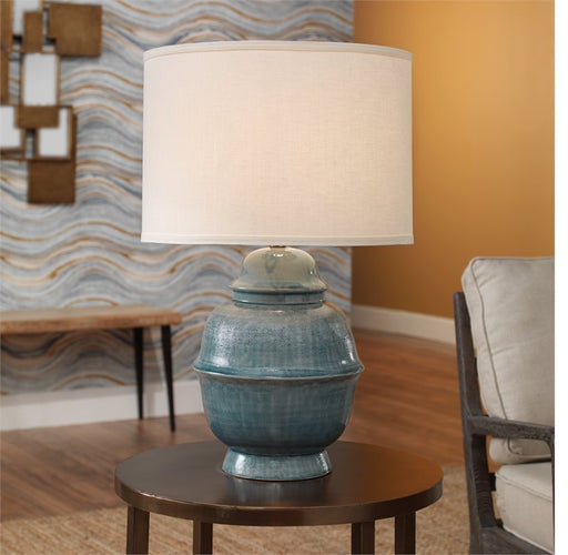 Jamie Young Company - Kaya Table Lamp in Blue Ceramic with Classic Drum Shade in Sea Salt Linen - 9KAYABLD71CL - GreatFurnitureDeal