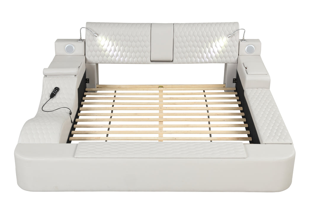 GFD Home - Zoya Smart Multifunctional Queen Size Bed Made with Wood in White - GreatFurnitureDeal