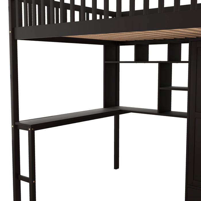 GFD Home - Full size Loft Bed with Bookshelf,Drawers,Desk,and Wardrobe-Espresso - GreatFurnitureDeal