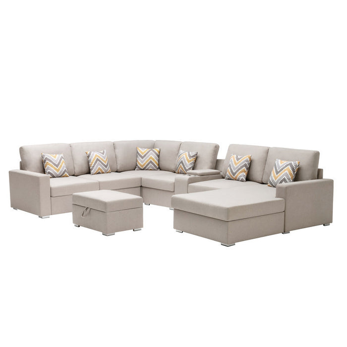 GFD Home - Nolan Beige Linen Fabric 8Pc Reversible Chaise Sectional Sofa with Interchangeable Legs, Pillows, Storage Ottoman, and a USB, Charging Ports, Cupholders, Storage Console Table - GreatFurnitureDeal