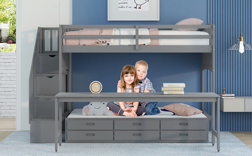 GFD Home - Stairway Twin XL Loft Bed with Twin Size Trundle and 3 Drawers, Storage, Desk, Gray - GreatFurnitureDeal